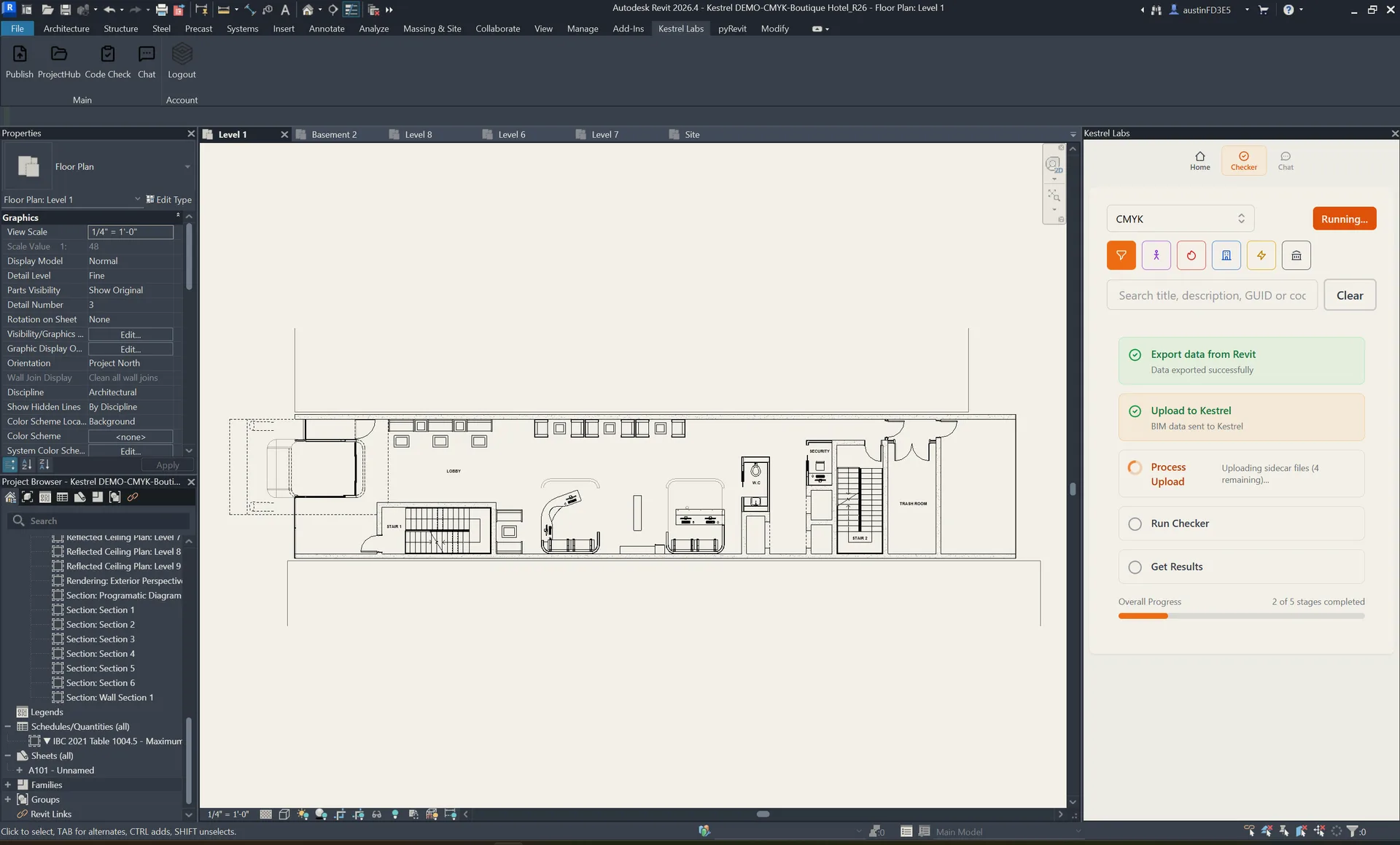 Kestrel running inside Revit on a building floor plan — the BIM model on the left, and the Kestrel Compliance Analysis sidebar on the right listing live building code violations against the model.